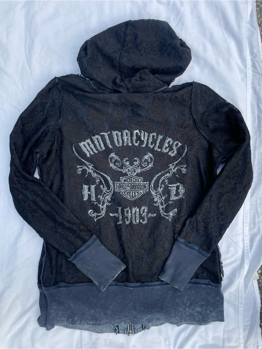 Reversible Harley-Davidson Black Hoodie with White Distressed Back Graphic